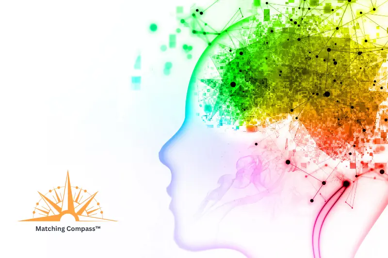 Illustration of AI-powered surrogacy matching with a colorful digital brain and the Matching Compass™ logo