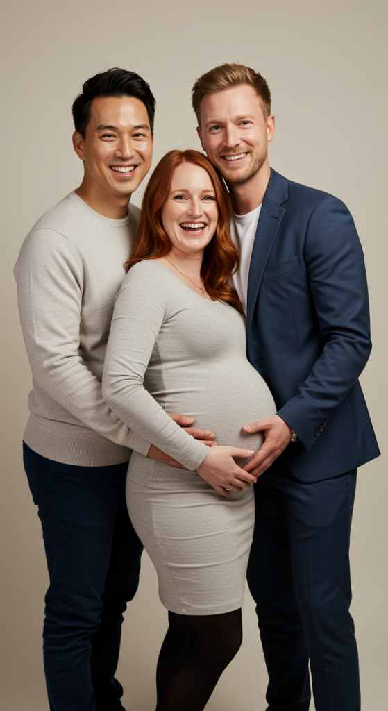 LGBTQ+ intended parents smiling with their pregnant surrogate, symbolizing connection and support through EDSI’s Matching Compass™