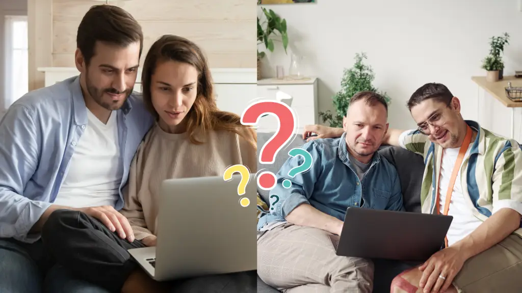 Two couples researching surrogacy on laptops with question marks illustrating common questions intended parents ask when looking for a surrogate