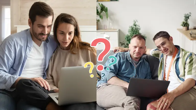 Two couples researching surrogacy on laptops with question marks illustrating common questions intended parents ask when looking for a surrogate