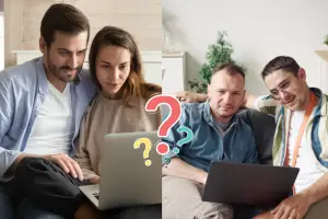 Two couples researching surrogacy on laptops with question marks illustrating common questions intended parents ask when looking for a surrogate