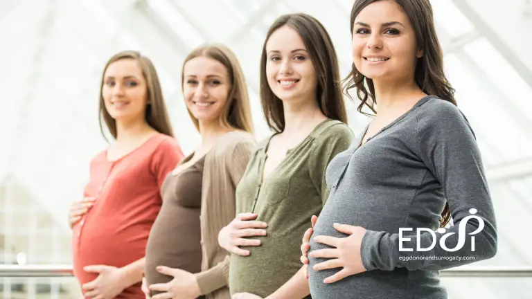 Becoming a surrogate at EDSI. Four pregnant women standing indoors and smiling, representing supportive surrogate care.