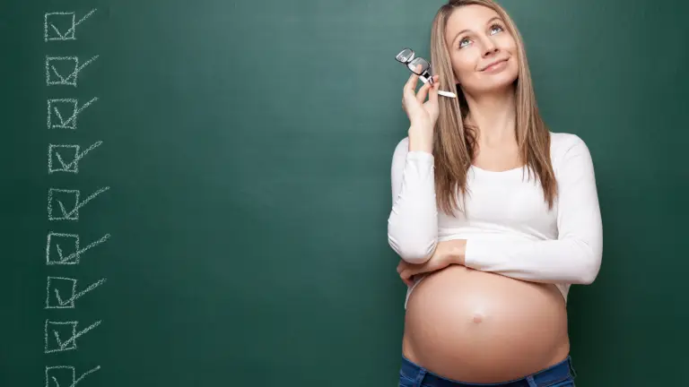 Pregnant surrogate standing in front of a checklist showing the criteria that influence surrogate matching time