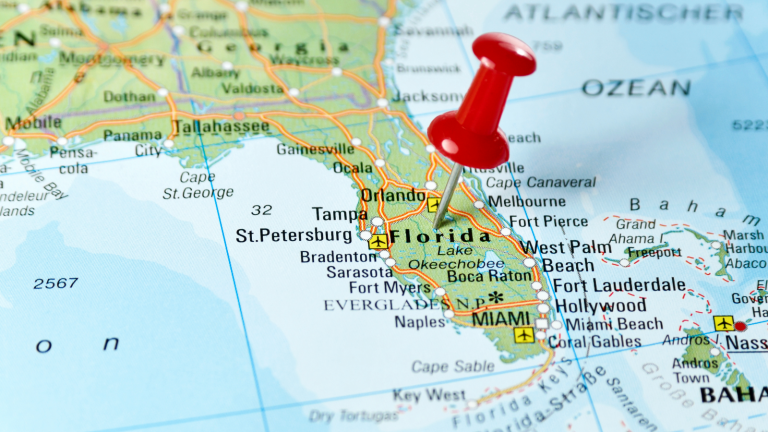 Map of Florida with a red pin marking the state used in an article about becoming a surrogate in Florida with Egg Donor and Surrogacy Institute EDSI