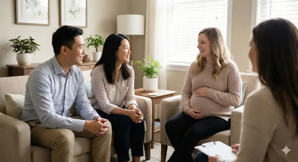 Chinese intended parent couple meeting with an American pregnant surrogate in a warm consultation room to discuss ethical international surrogacy